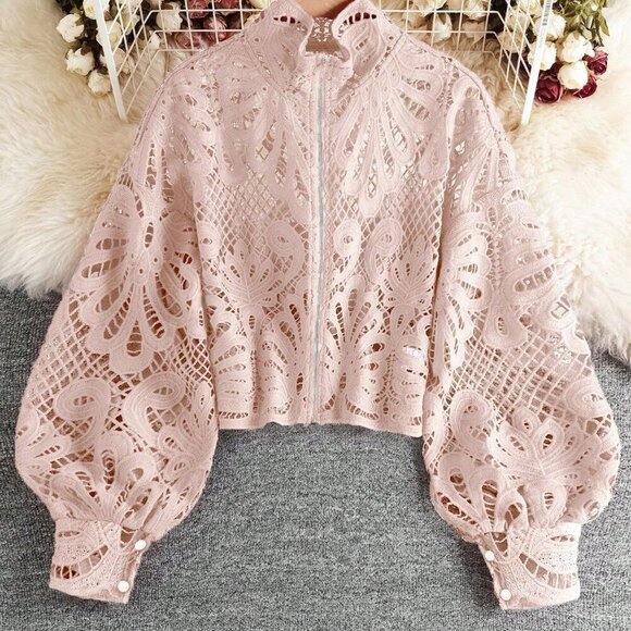 Tops - Baby Pink Elegant Women's Floral Lace Zipper Front Lantern Sleeve Blouse